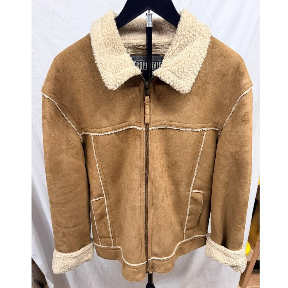 Aero VIntage Y2K Mens Suede Sherpa Lined Aviator Jacket Tan Brown Full Zip Large